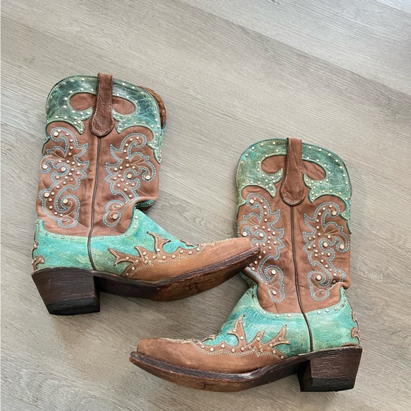 Ferrini Leather Western Boots Turquoise Brown Pointed Toe Studded – Women’s 7.5 - Picture 9 of 14